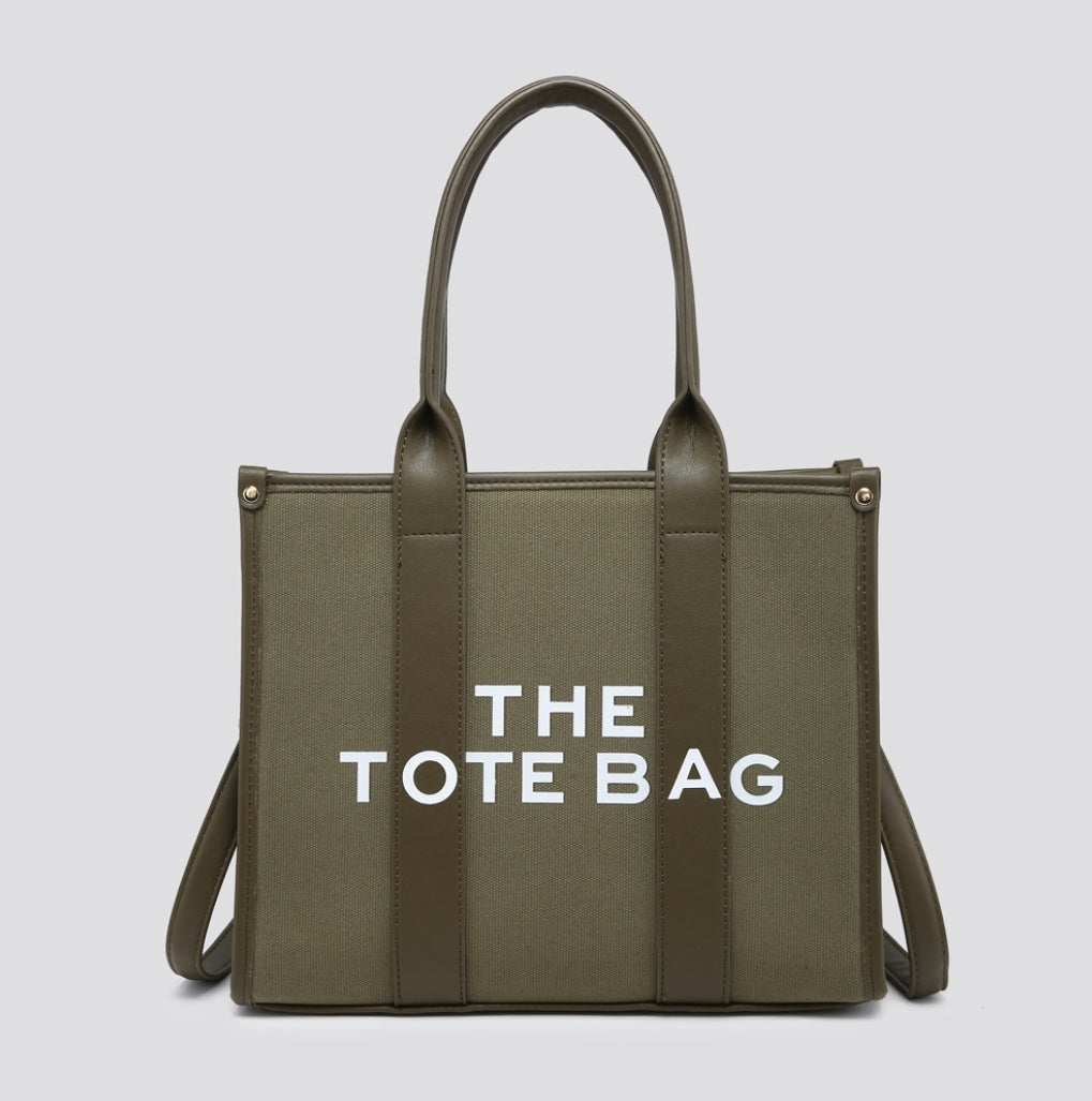 Khaki FABRIC TOTE BAG WITH PU SHOULDER STRAP