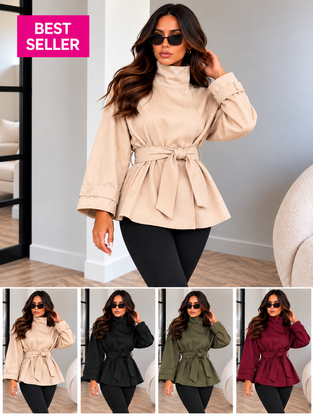 Belted faux suede jacket